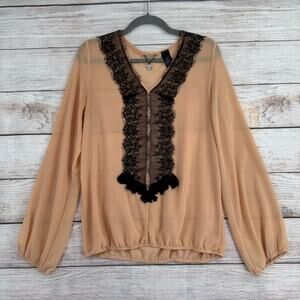 BKE Boutique Lace V-Neck Semi Sheer Blouse Women's Size Small Peach/Pink/Black